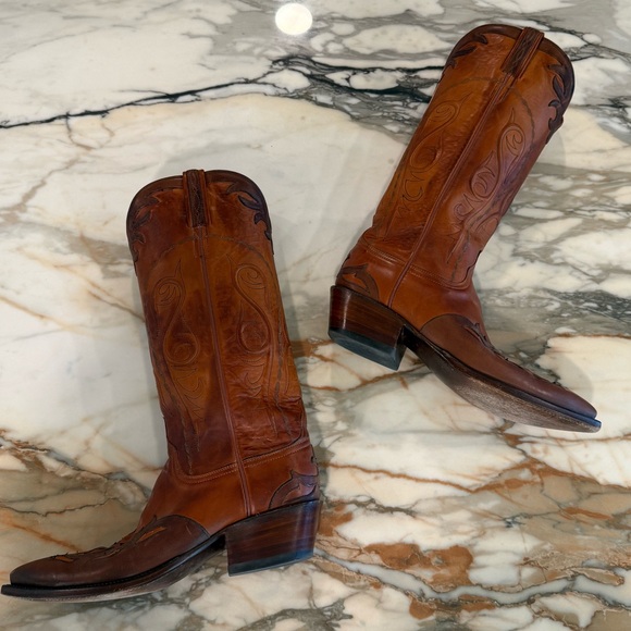 Lucchese Women’s Tall Chocolate + Saddle Brown Leather Cowboy Boots with Inlay - Picture 9 of 14